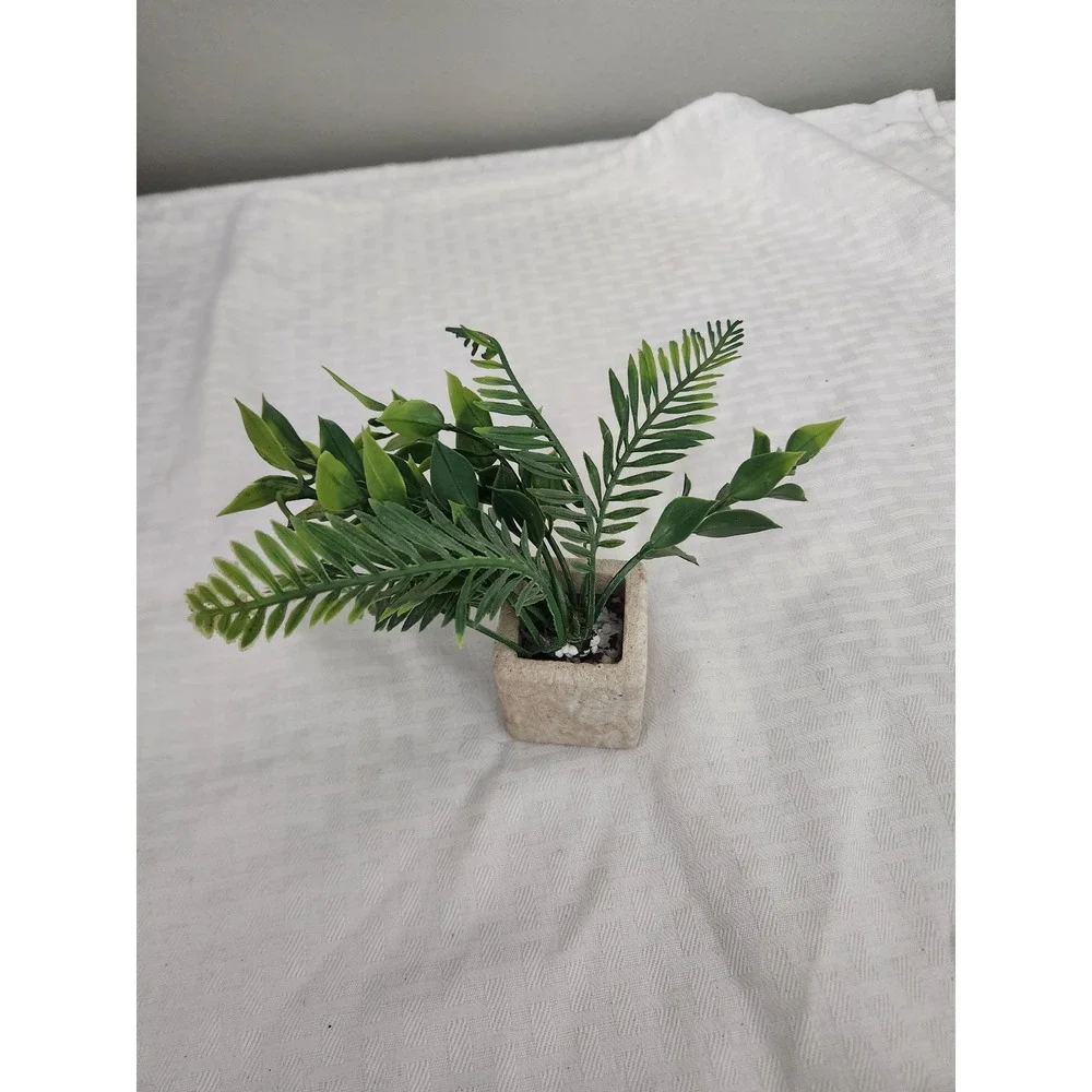 Small Artificial Green Foliage Plant in Square Stone Look Pot Faux Greenery